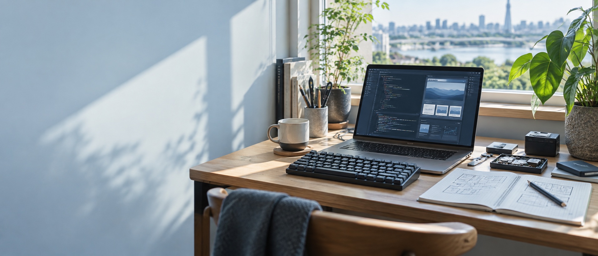 コードを表示したノートパソコンと制作ノートのある作業机